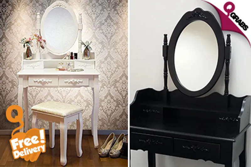 For QR399, Get Ready with a White OR Black Antique Style Dressing Table & Cushioned Stool - Includes FREE Delivery! (QR799 Value)